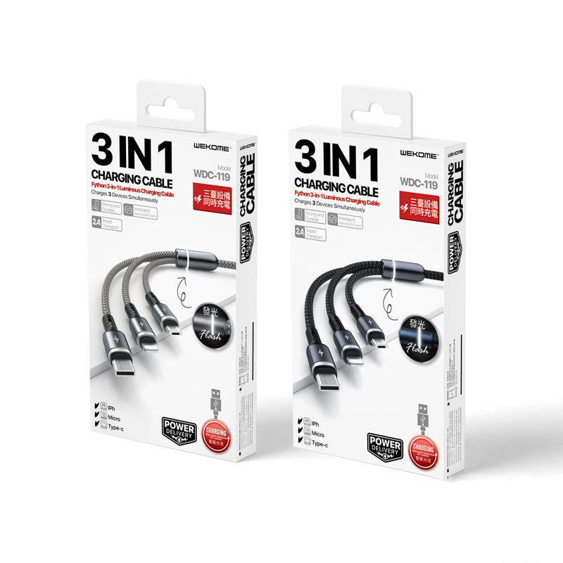 WEKOME WDC-119 Fython Series - Kabel połączeniowy 3w1 USB-A do Lightning + USB-C + Micro USB PD 1.2 m (Czarny) - obrazek 2