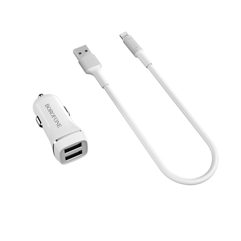Borofone - ładowarka samochodowa 2x USB kabel Lightning w zestawie, biały - obrazek 2