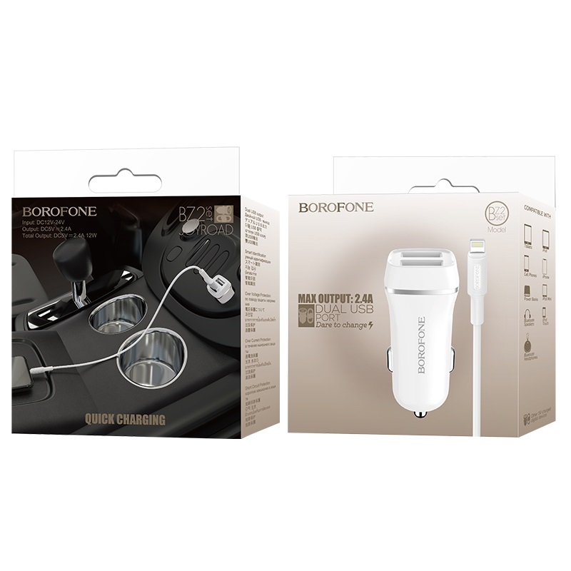 Borofone - ładowarka samochodowa 2x USB kabel Lightning w zestawie, biały - obrazek 4